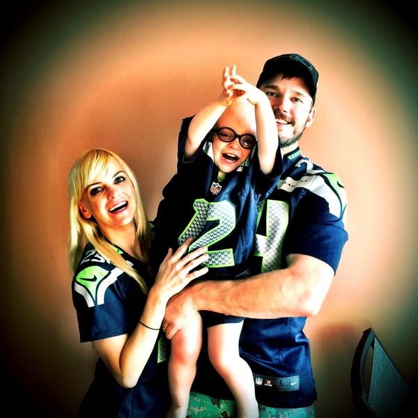 Chris Pratt shared this cute picture of his wife, Anna Faris, and their son, Jack Pratt, on Twitter. The photogenic family donned Seattle Seahawks jerseys to celebrate the team's Thanksgiving game.