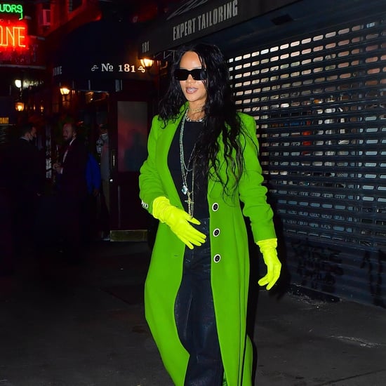 Rihanna Wears a Green Statement Coat With Yellow Gloves