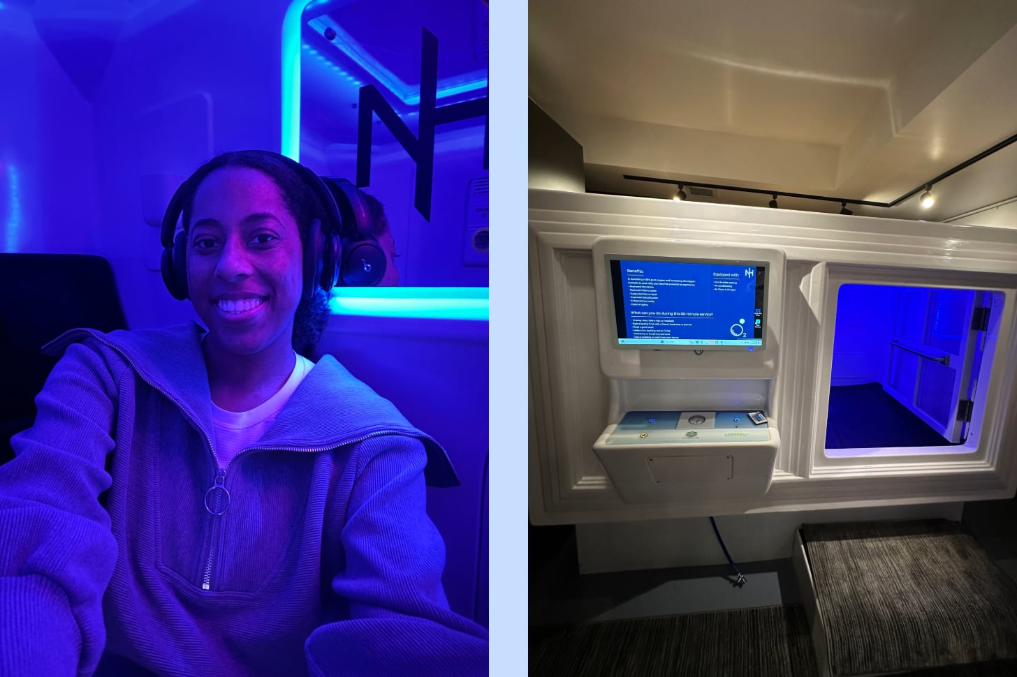 A Black woman wearing headphones sitting in hyperbaric oxygen chamber beside a photo of the oxygen chamber.
