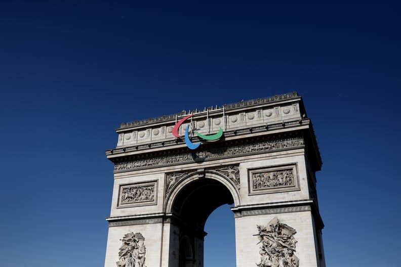 PARIS, FRANCE - AUGUST 26:  The Paralympic logo is seen on the Arc de Triomphe Previews around Paris ahead of the Paralympic Games on August 26, 2024 in Paris, France. (Photo by Naomi Baker/Getty Images)