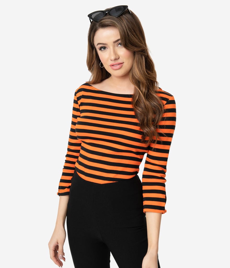 Unique Vintage Black and Orange Stripe Knit Three-Quarter Sleeve Gracie Top