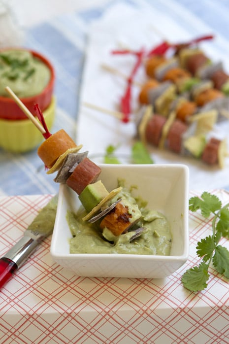 Grilled Hot Dog Skewers With Creamy Avocado Dip