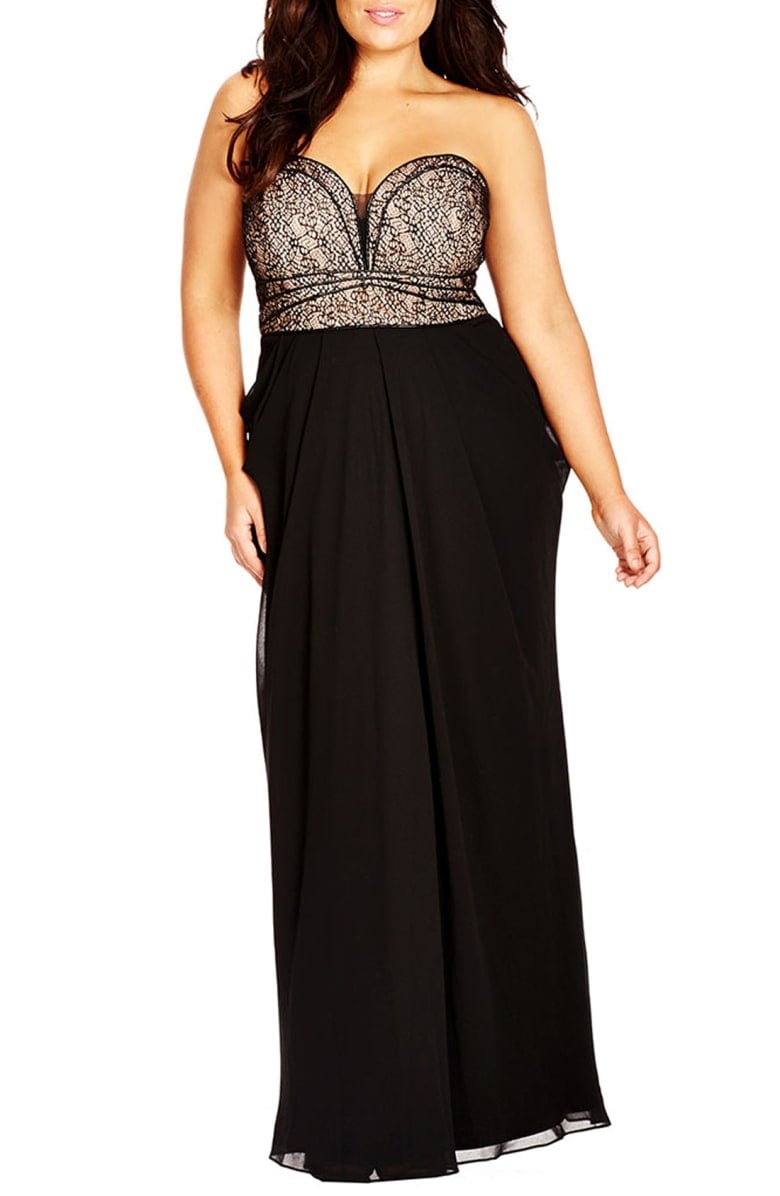 black strapless chiffon maxi dress