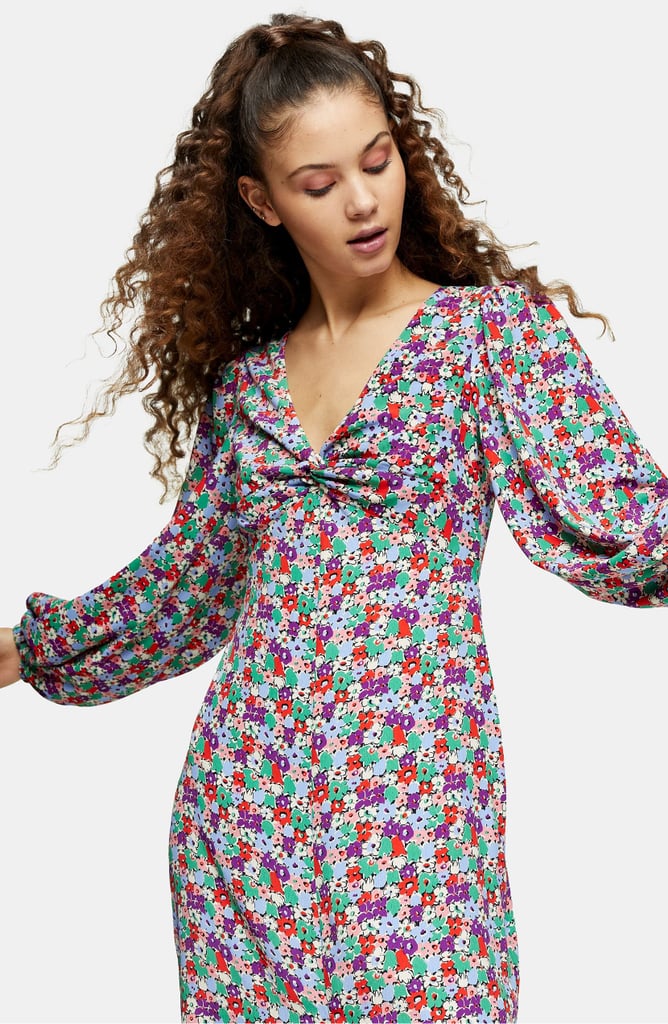 Topshop Floral Twist Front Long-Sleeve Midi Dress