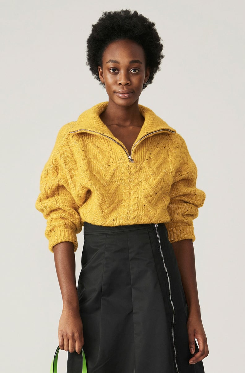 Ganni Cabled Shrunken Mock-Turtleneck Pullover