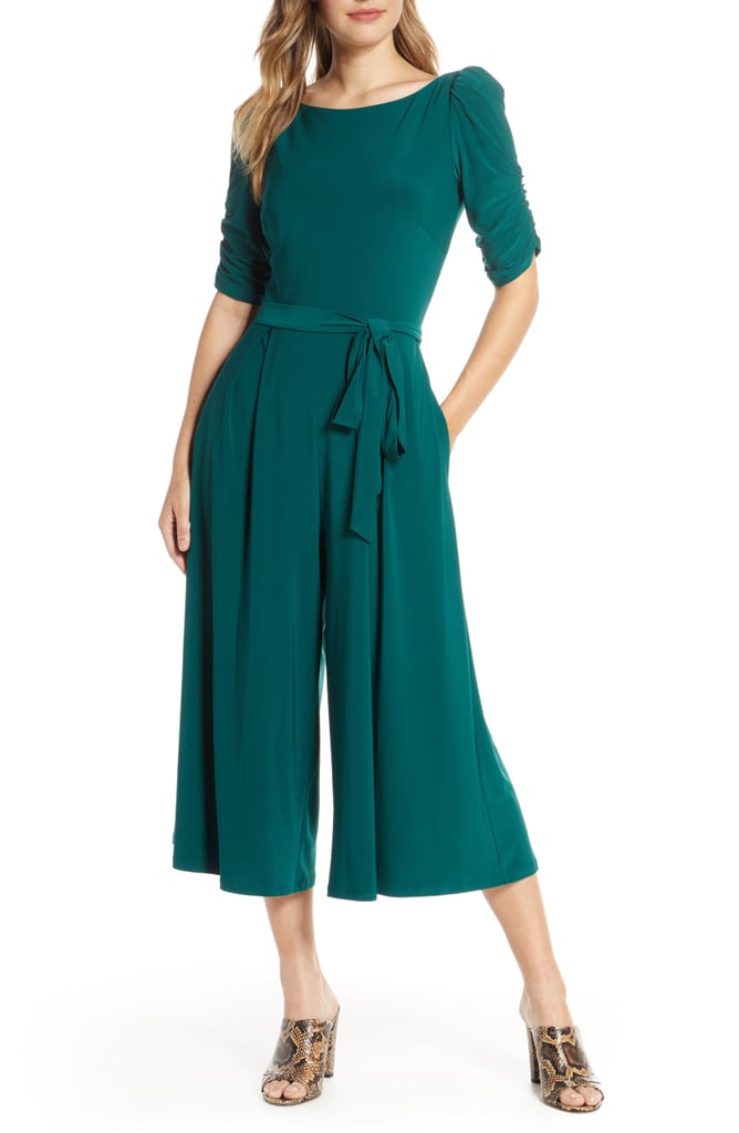 Eliza J Ruched-Sleeve Jersey Crop Jumpsuit