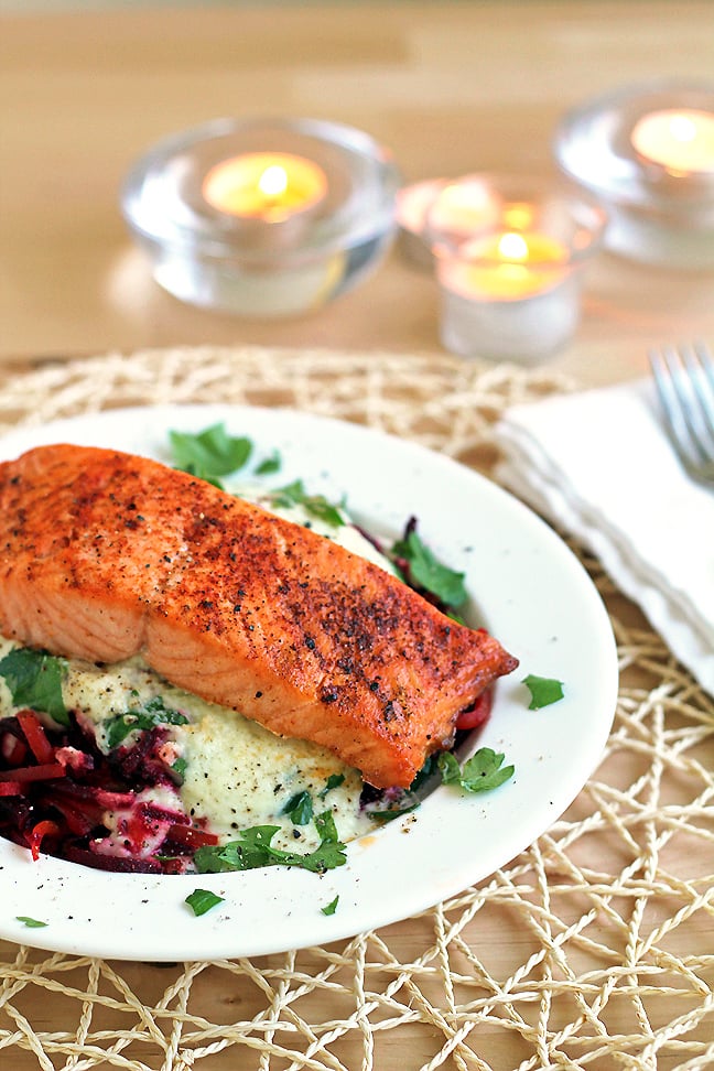 Beet “Pasta” With Lemon-Crème Sauce and Broiled Salmon