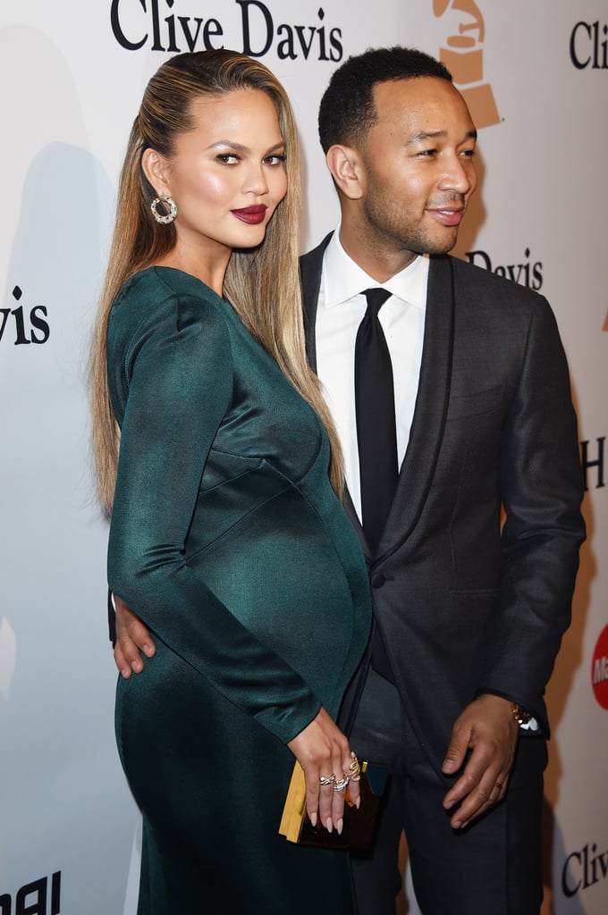 Chrissy Teigen Wearing a Teal Dress at Pre-Grammys Party