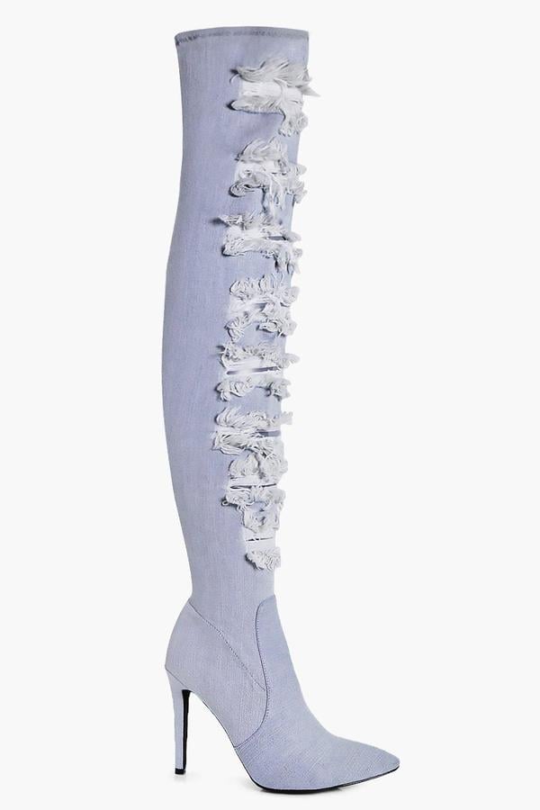 Boohoo Paige Ripped Thigh-High Denim Boot ($82)