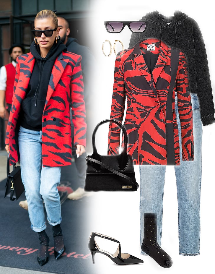 Hailey Baldwin Red Animal Print Blazer and Black Hoodie