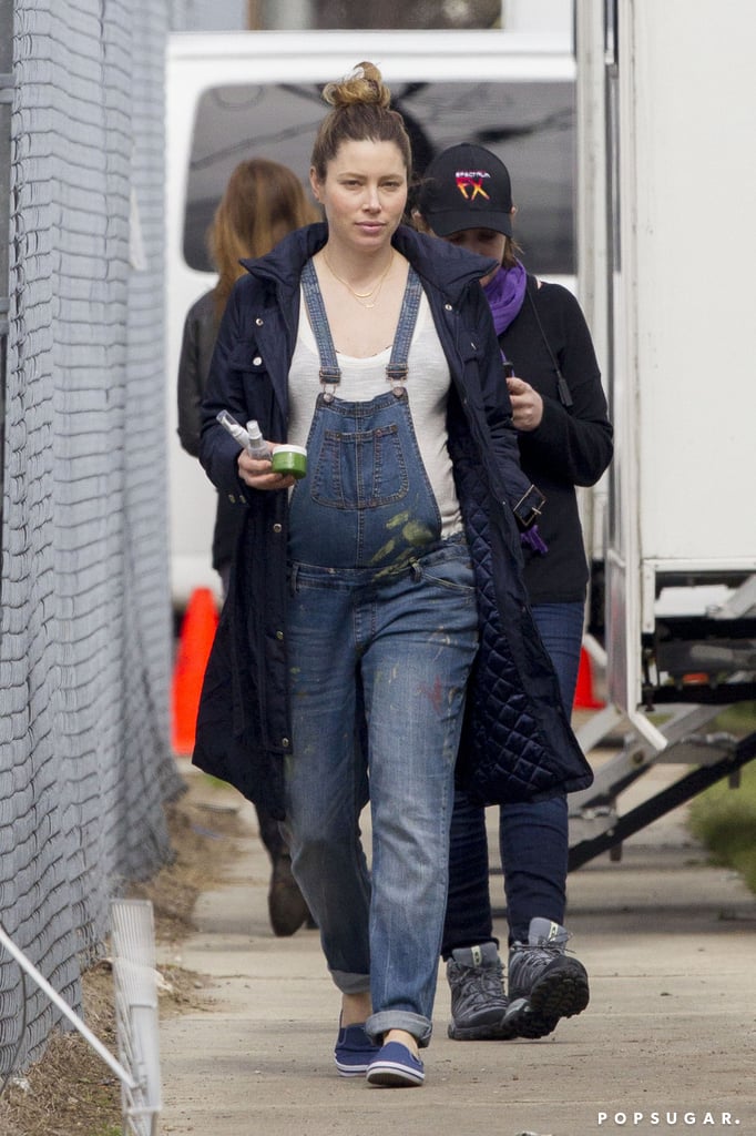 Jessica Biel Pregnant in Overalls