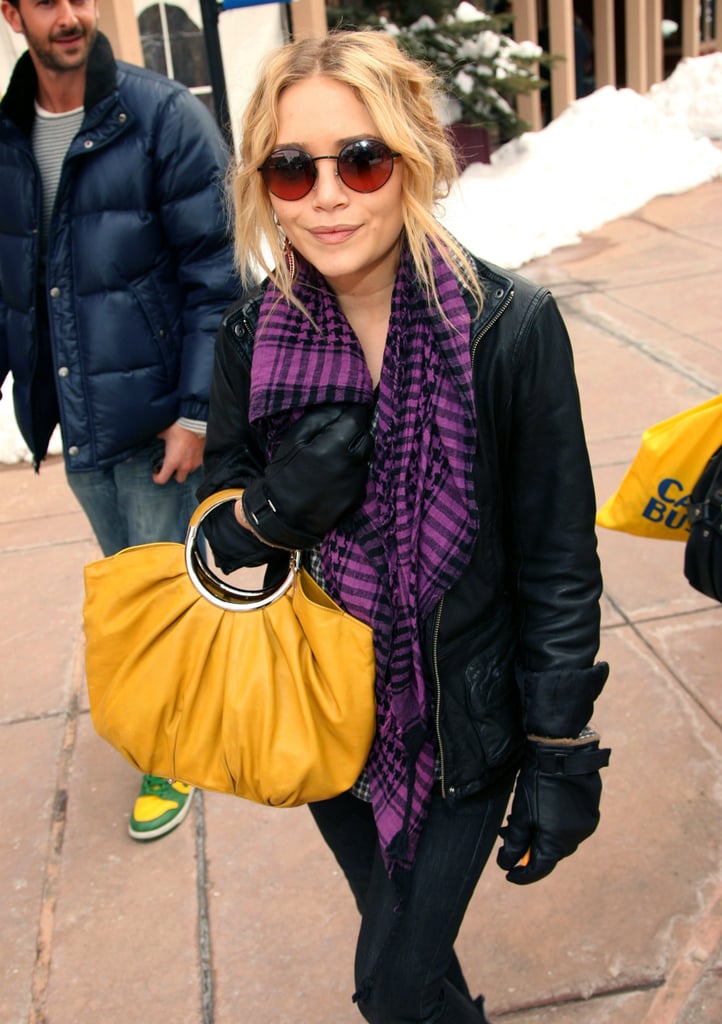 Mary-Kate wore an ombré pair with a plaid scarf and mustard ring bag in Utah in 2008.