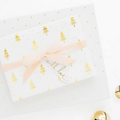 Sugar Paper White With Gold Christmas Trees Gift Wrap