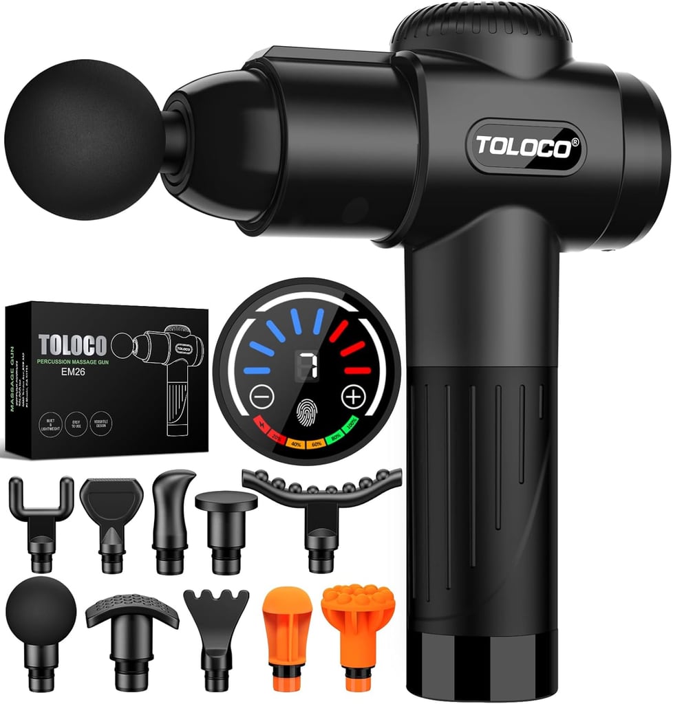 Toloco Massage Gun ($50, originally $60)
Hit the gym too hard? Or maybe you just hauled some heavy groceries and you're feeling sore — either way, this massage gun has you covered. It offers precise, high-penetration relief and comes with 10 different massage heads to suit your needs. Plus, the LED screen lets you easily adjust the intensity and check the battery life, making it super user-friendly.
