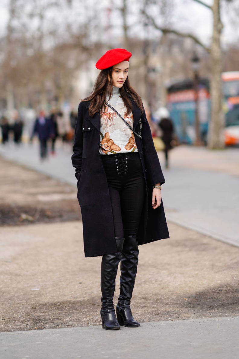 Liven Up Your Basic Black Boots With Lace-Up Pants and a Red Beret