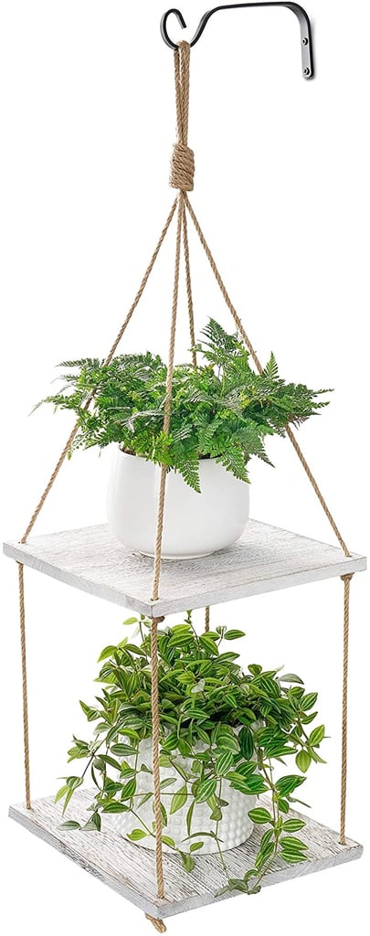 POTEY Hanging Plant Shelf 2 Tier Wood Planter Hanger with Jute