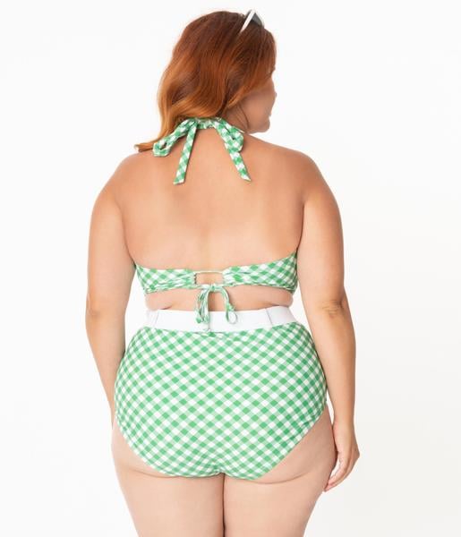 Unique Vintage Plus Size Green & White Gingham Belted Retro Redondo Swim Bottoms