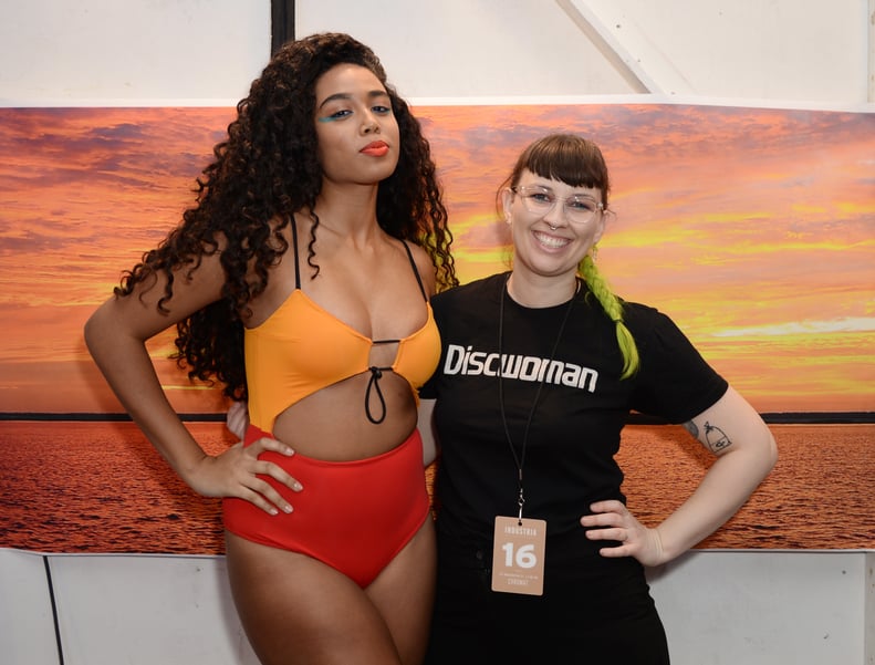 NEW YORK, NY - FEBRUARY 09:  Becca McCharen-Tran (R) poses backstage for Chromat AW18 during New York Fashion Week at Industria Studios on February 9, 2018 in New York City.  (Photo by Andrew Toth/Getty Images for Chromat)