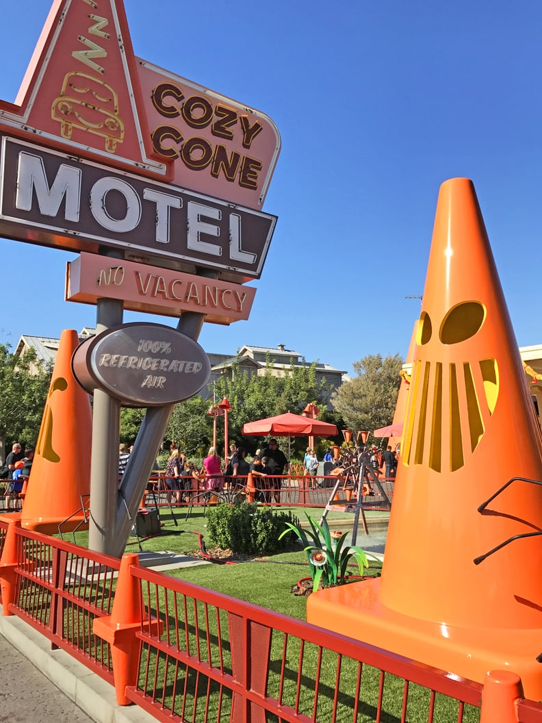 The cones at Cozy Cone Motel become Jack-O'-Lanterns.