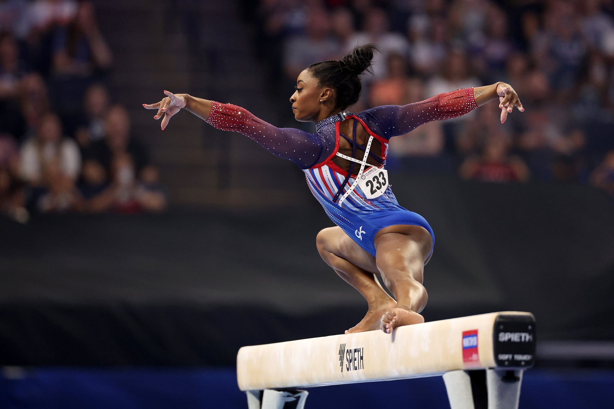 MINNEAPOLIS, MINNESOTA - JUNE 30: Simone Biles competes on the balance beam on Day Four of the 2024 U.S. Olympic Team Gymnastics Trials at Target Center on June 30, 2024 in Minneapolis, Minnesota. (Photo by Elsa/Getty Images)