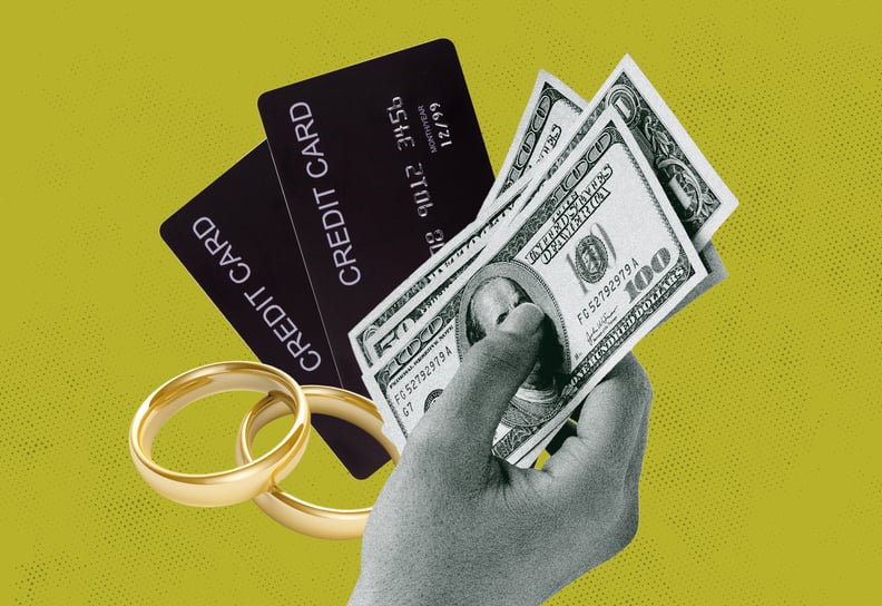 collage of cash, credit cards, and two wedding bands