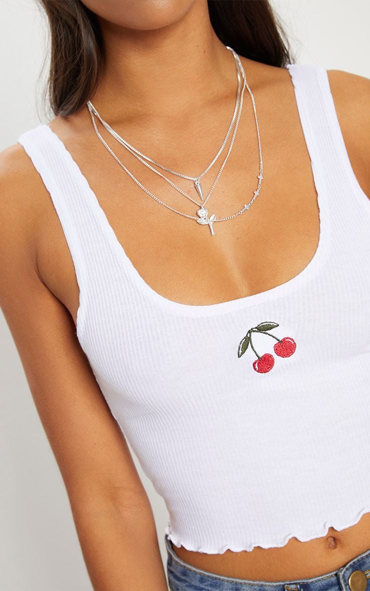 White Embroidered Cherry Rib Crop Top