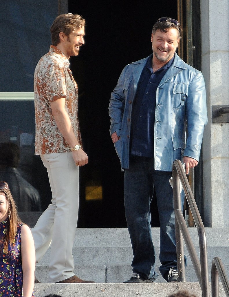 Ryan Gosling and Russell Crowe shared a laugh-out-loud moment on the set of The Nice Guys in LA on Wednesday.