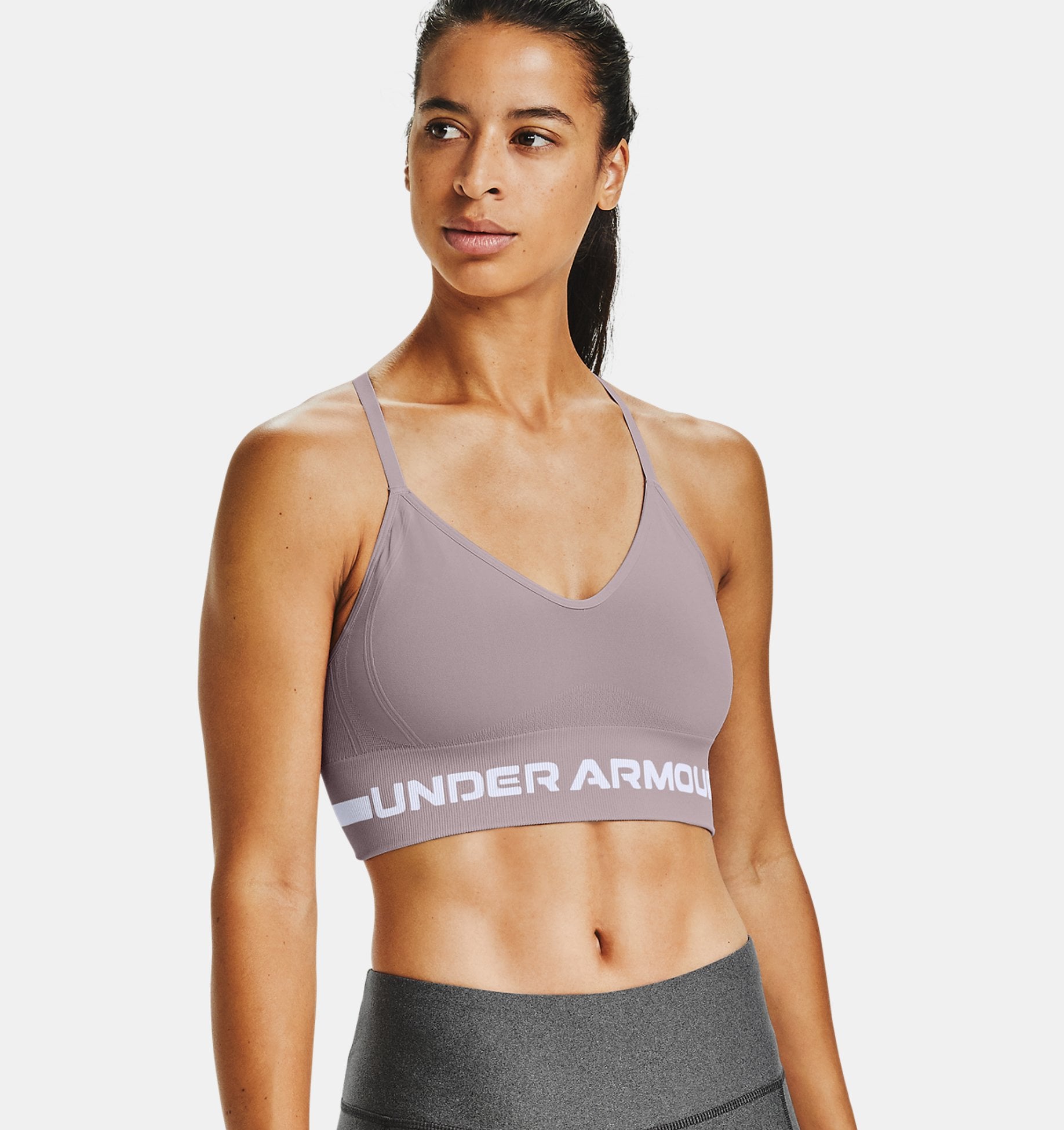 Under Armour Womens Printed Mid Sports Support Bra Top Purple Gym Breathable 
