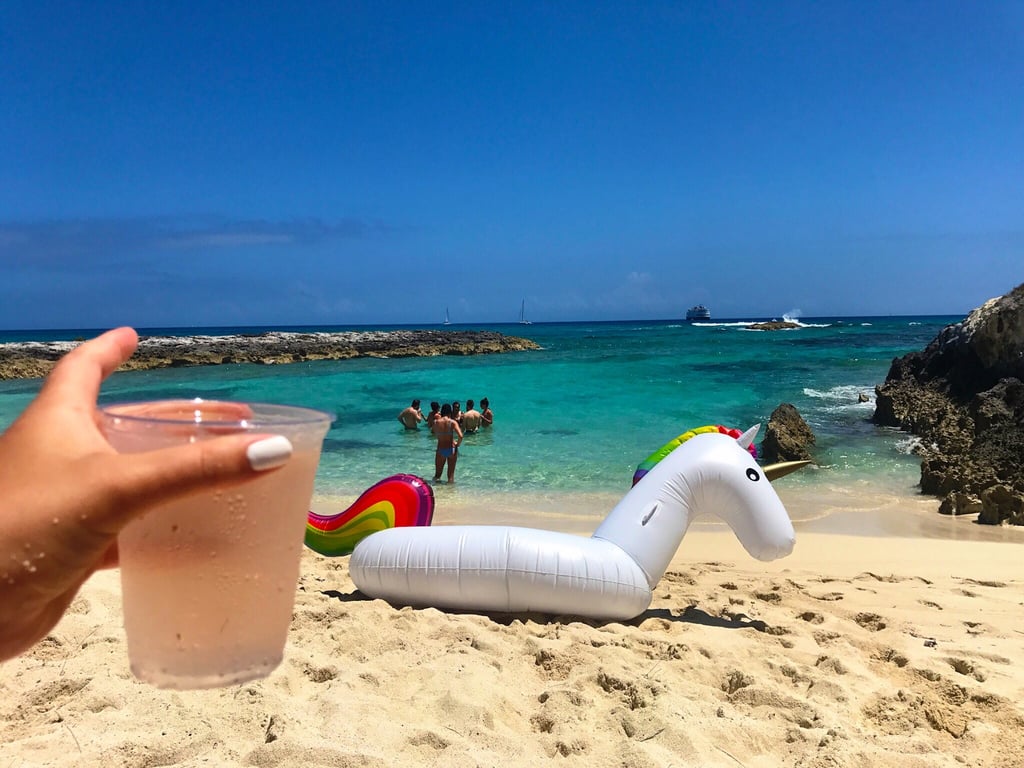 Crystal. Living the life she deserves.

#18: Beach time b*tches:
11 a.m.: Crystal (pun absolutely intended) clear water, free margs, rosé, water and food, it was a beautiful day people. And even Andrew, the damn near greatest human/bartender of all time, took some time off and joined his ladies on the beach.