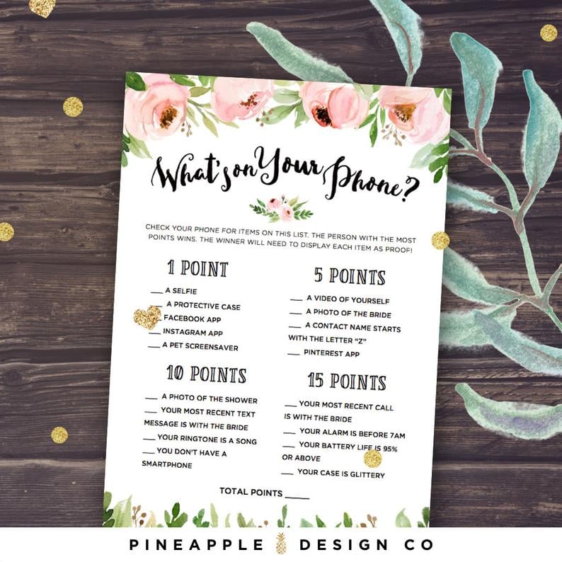 What's on Your Phone Printable Bridal Shower Game | It's Party Time! These  47 Bridal Shower Games Will Get Your Gathering in Full Swing | POPSUGAR  Love & Sex Photo 26