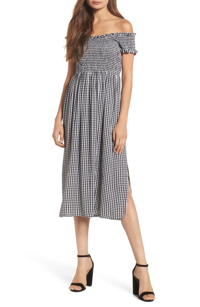 Bardot Gingham Off-the-Shoulder Midi Dress