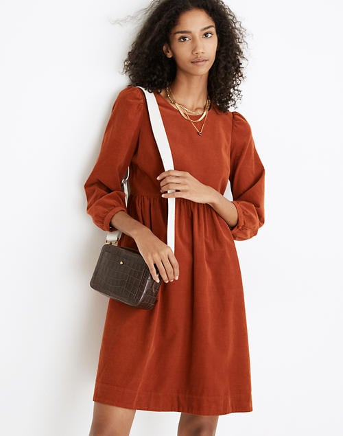 Corduroy Puff-Sleeve Mini Dress