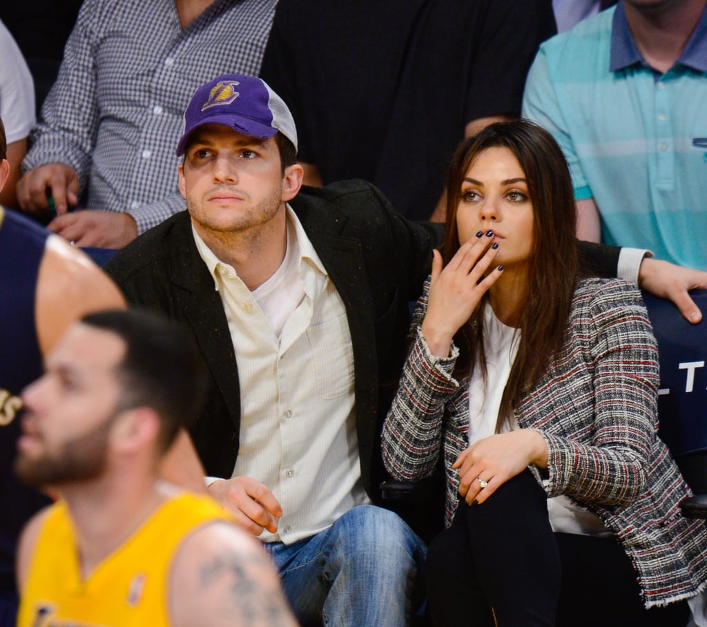 Mila Kunis and Ashton Kutcher Kiss at Lakers Game