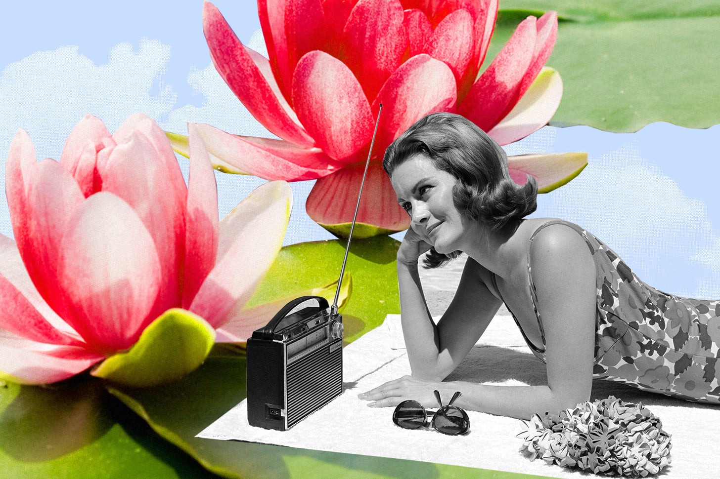Woman in black and white collaged with pink water lillies. 