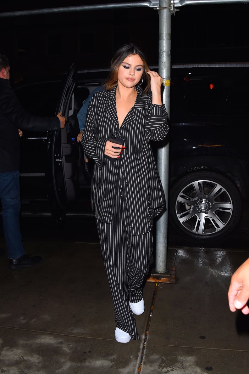 Selena Gomez Wearing Striped Leset Pajamas in NYC