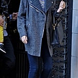 Miranda channeled a biker girl mentality in a quilted shearling coat and studded black boots.