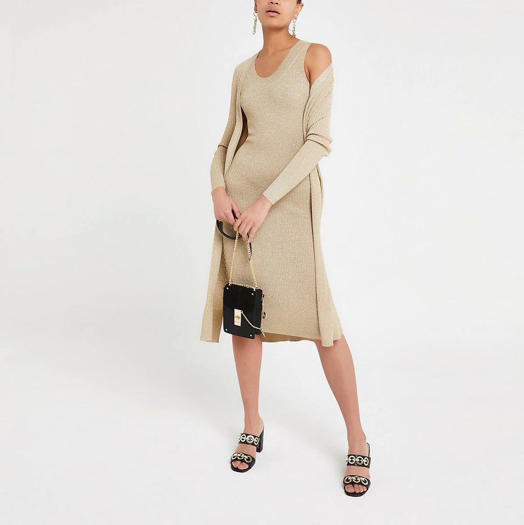 River Island Metallic Gold Knitted Midi Dress