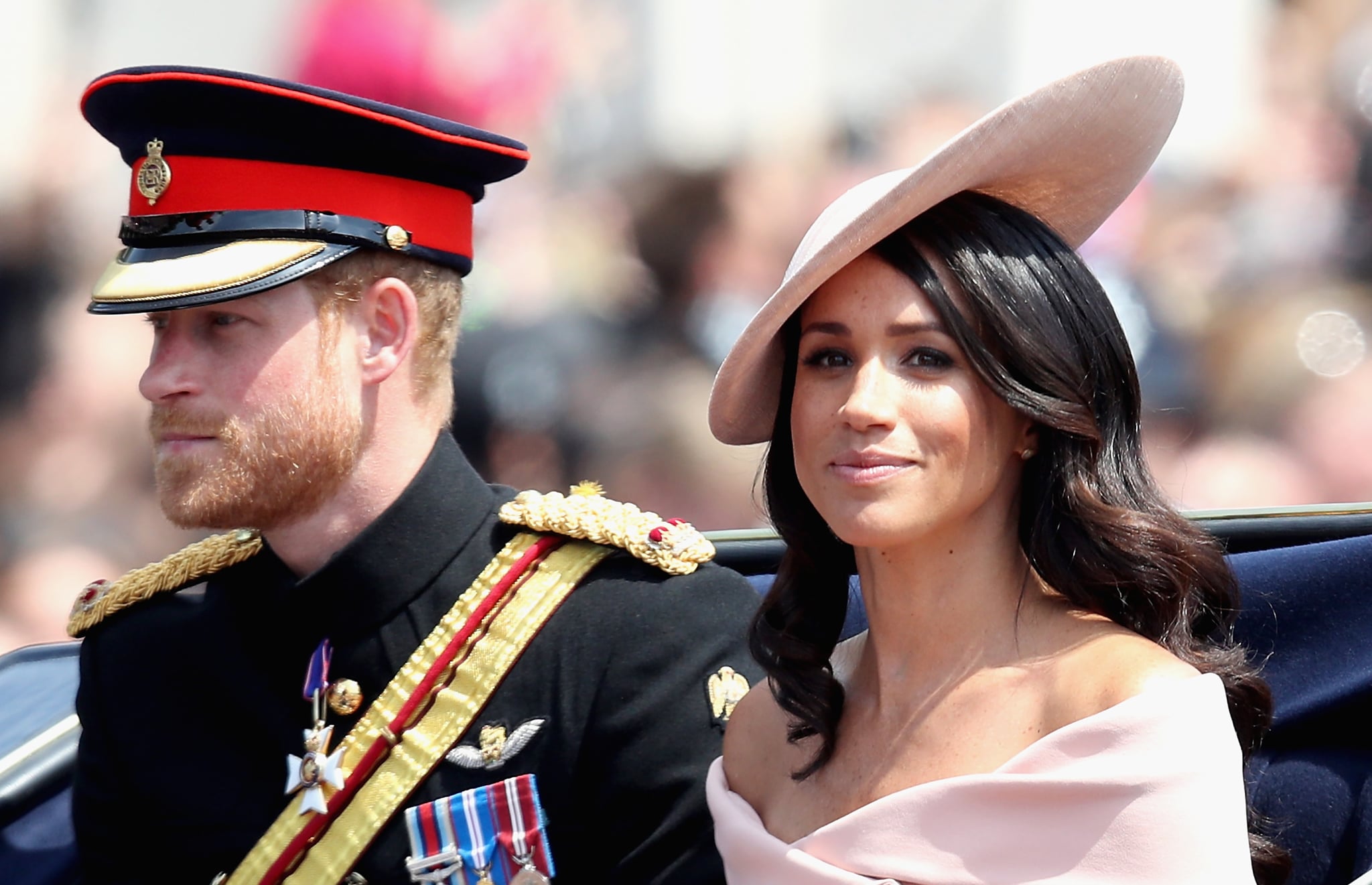 LONDON, ENGLAND - JUNE 09:  Meghan, Duchess of Sussex and Prince Harry, Duke of Sussex during Trooping The Colour on the Mall on June 9, 2018 in London, England. The annual ceremony involving over 1400 guardsmen and cavalry, is believed to have first been performed during the reign of King Charles II. The parade marks the official birthday of the Sovereign, even though the Queen's actual birthday is on April 21st. .  (Photo by Chris Jackson/Getty Images)