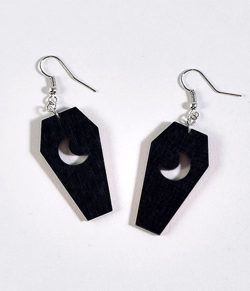 Black Wood Coffin Moon Hook Earrings ($14)