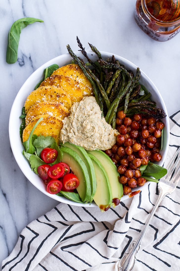 BBQ Chickpea and Crispy Polenta Bowls With Asparagus and Ranch Hummus
