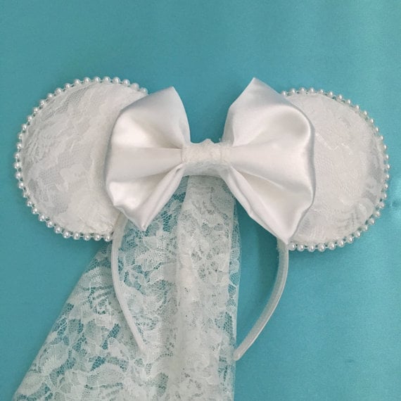 Handmade White Satin and Lace Bridal Mouse-Inspired Ears