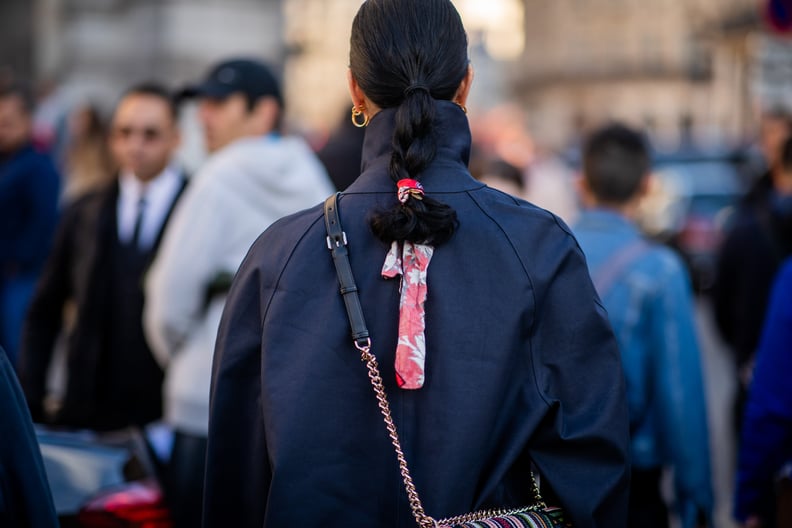 Stay-at-Home Summer Hair Trend: Slicked-Back Braided Ponytail With Hair Scarf