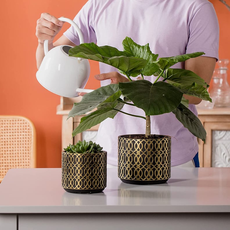 An Art Deco Planter: Vintage Golden Painted Cement Planter with Rhombus Embossed Pattern