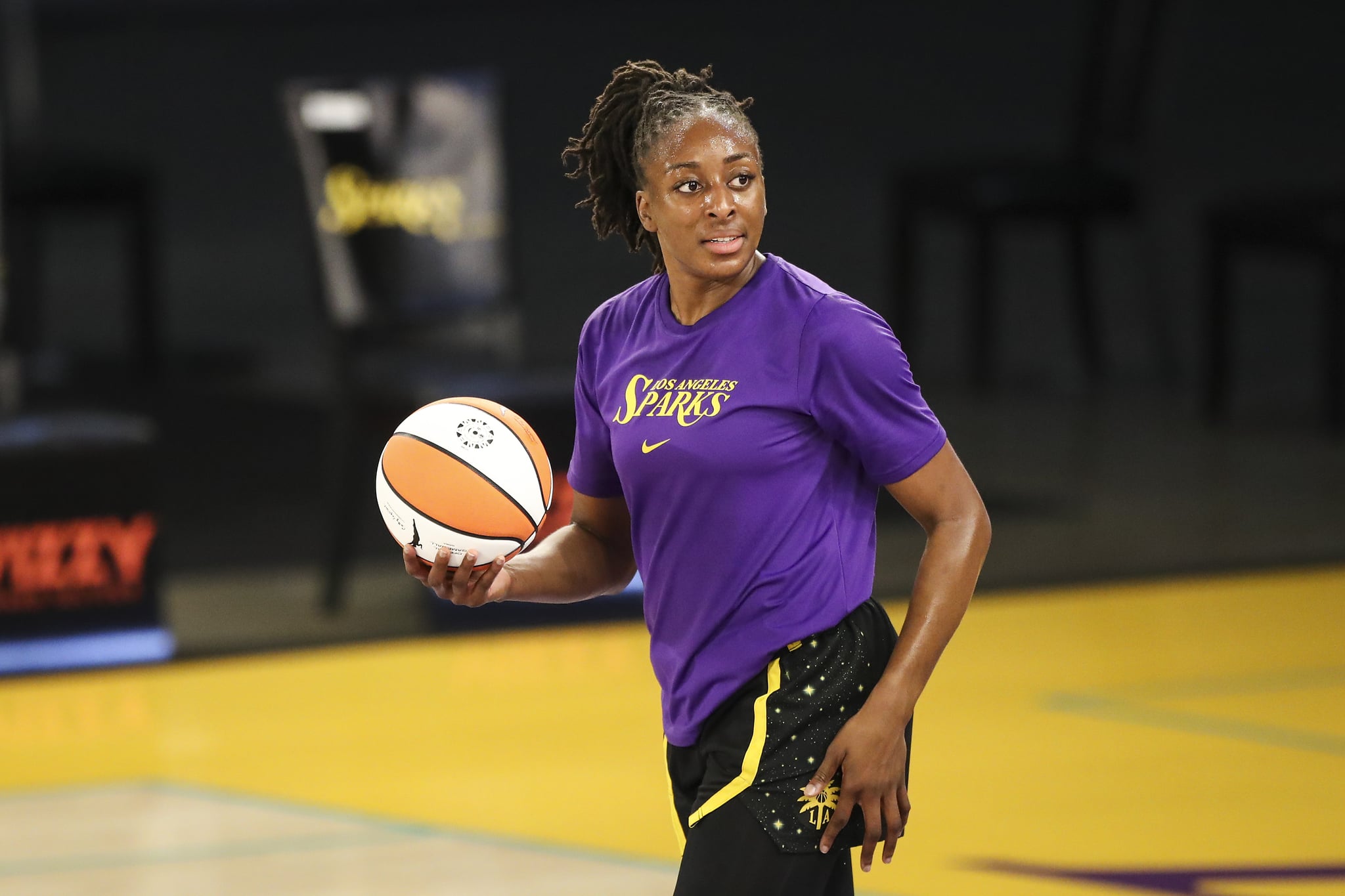 LOS ANGELES, CALIFORNIA - MAY 14: Forward Nneka Ogwumike #30 of the Los Angeles Sparks warms up before the game against the Dallas Wings at Los Angeles Convention Centre on May 14, 2021 in Los Angeles, California. NOTE TO USER: User expressly acknowledges and agrees that, by downloading and or using this photograph, User is consenting to the terms and conditions of the Getty Images Licence Agreement. (Photo by Meg Oliphant/Getty Images)