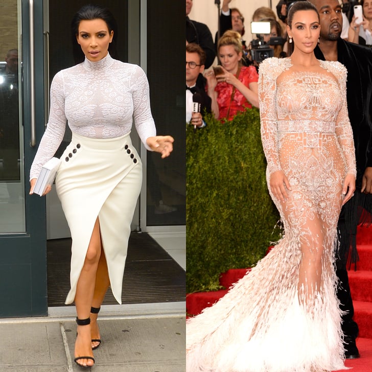 Kim stuck to an all-white theme the day after she wore a sheer, feather-adorned Roberto Cavalli dress to the Met Gala.
