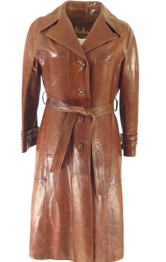 Etsy Vintage 70s Leather Trench Coat | Bella Hadid Brown Leather Coat ...