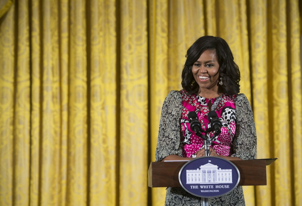 Michelle Obama Wearing A Pink Printed Dress Popsugar Fashion Photo 2