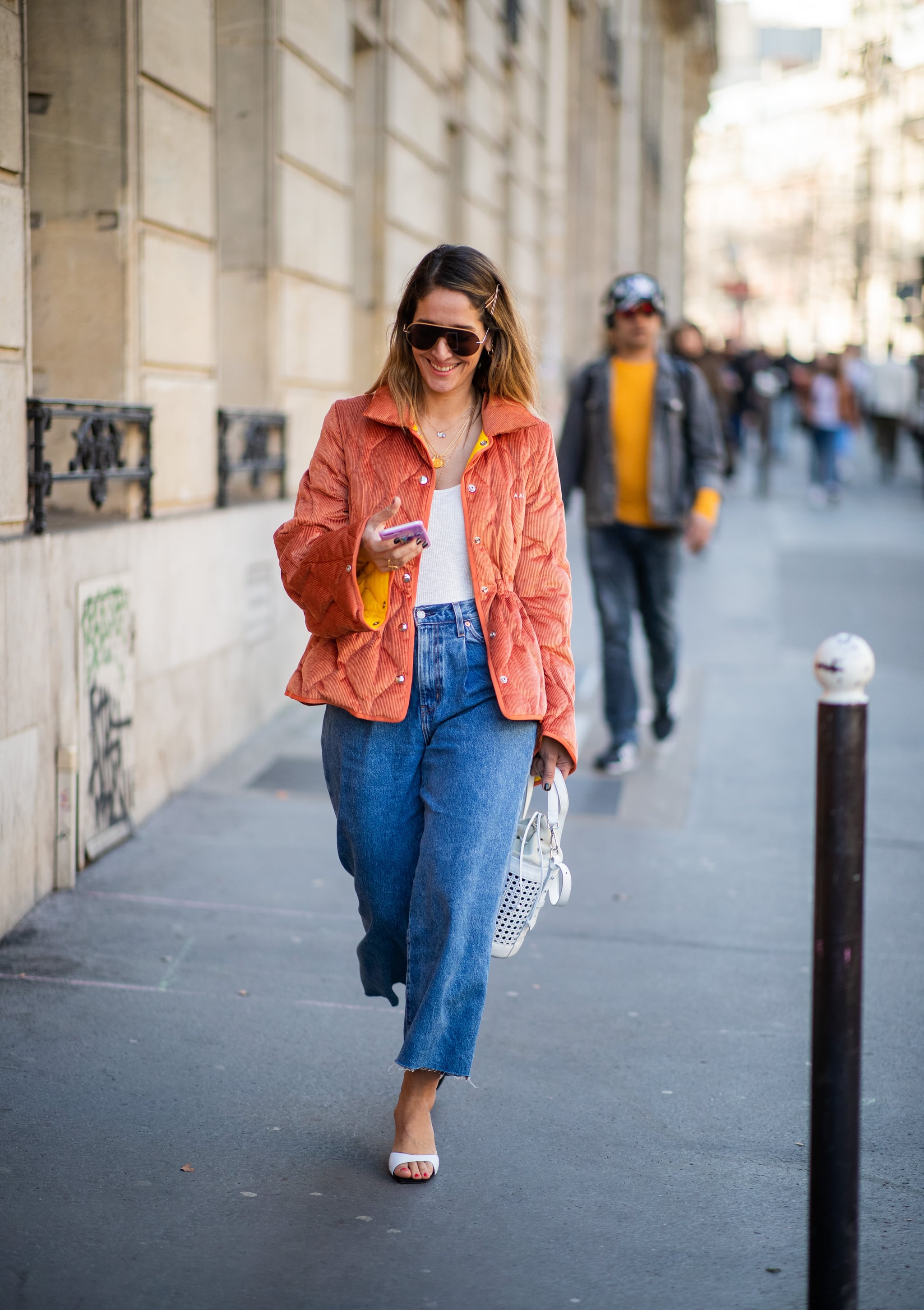 denim and orange outfits