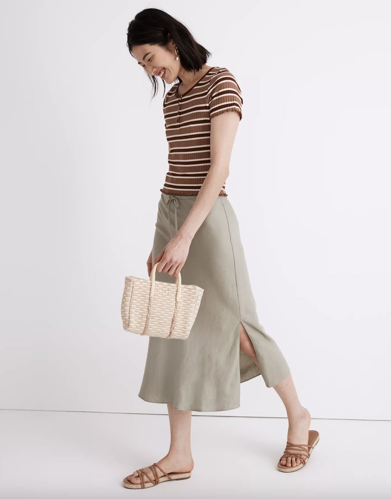 Linen-Blend Drawstring Midi Slip Skirt