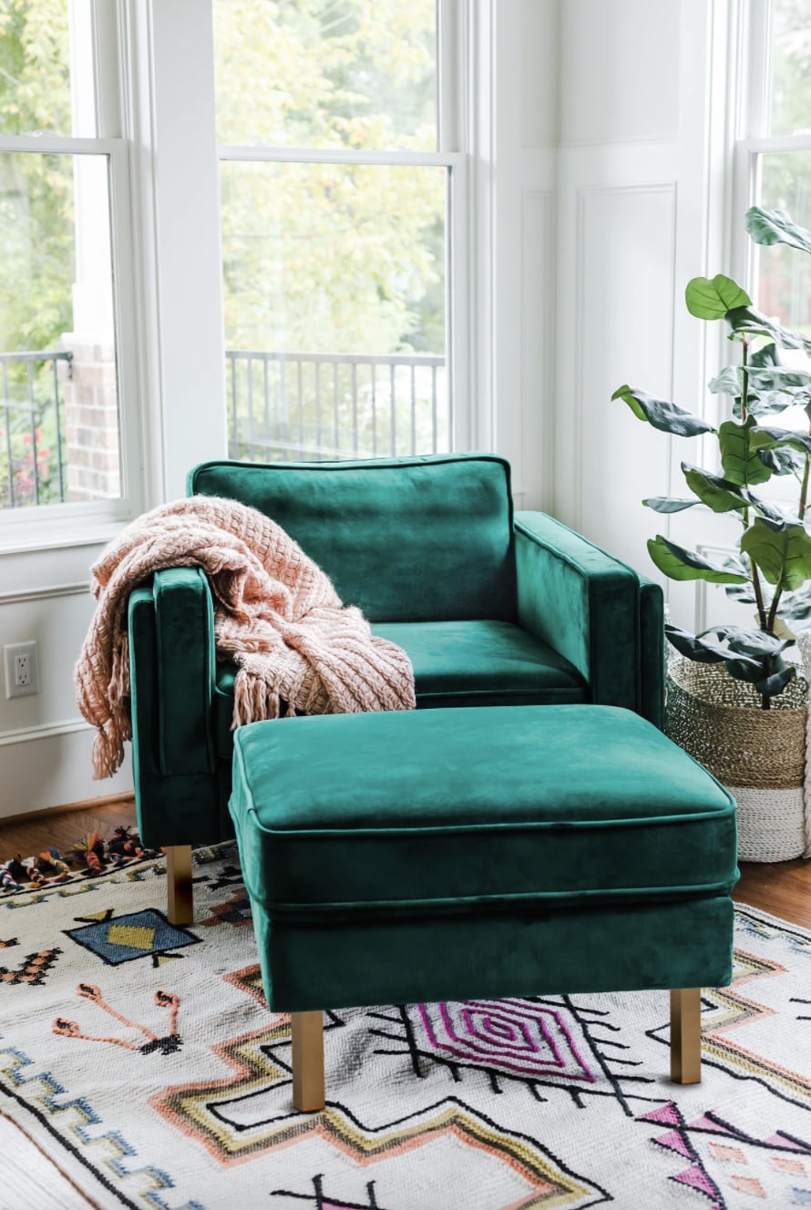 Oversized velvet store chair with ottoman